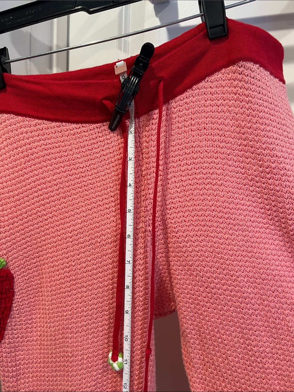 Dolls Kill Pink Knit Strawberry Flared Joggers with Red Waistband - Picture 9 of 10